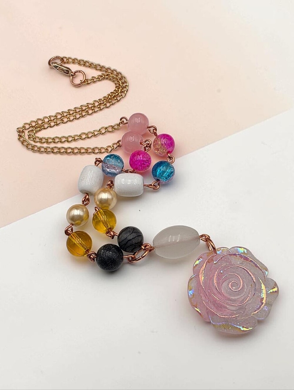 Multicolor Rose Pendant Beaded Necklace - Handmade Boho Jewelry
